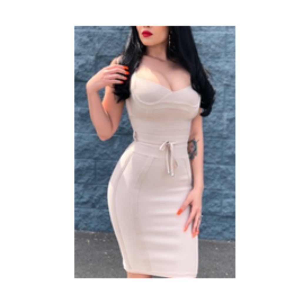 Biege Knee Length Wrap Bodycon Dress